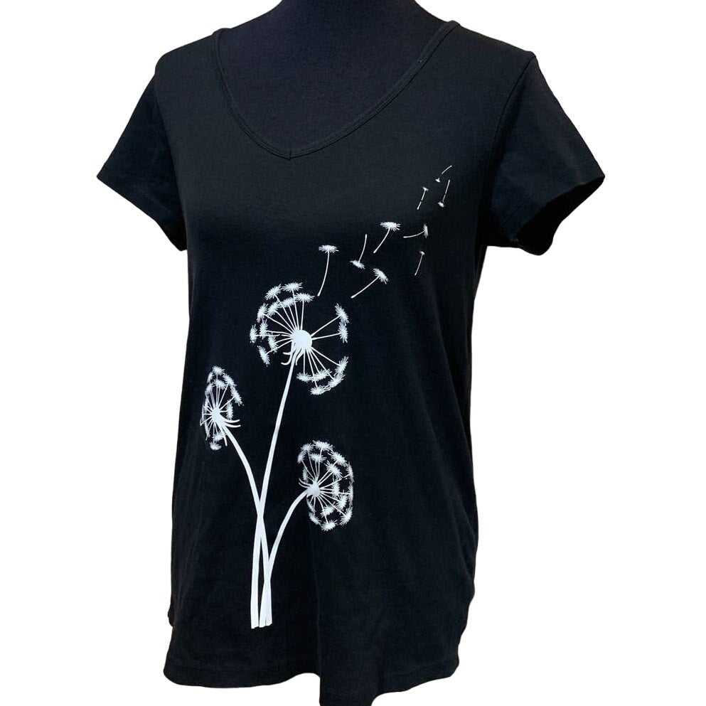 Hand Printed Upcycled Dandelion Make a Wish Medium Maternity Short Sleeve Tee