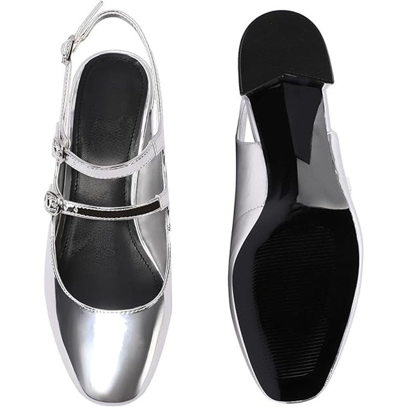 New Adrizzlein Womens Size 7.5 Silver Mary Jane Buckle 2.75" Block Heel Shoes