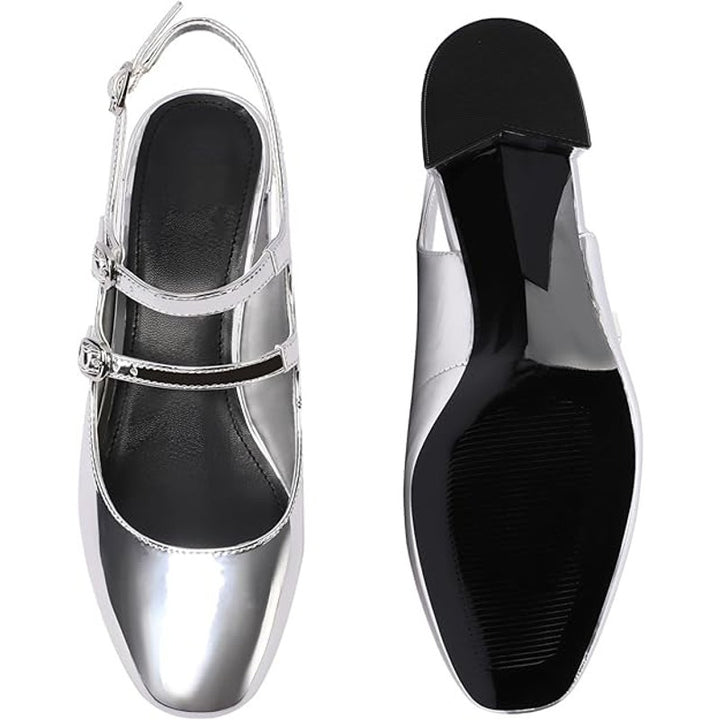 New Adrizzlein Womens Size 7.5 Silver Mary Jane Buckle 2.75" Block Heel Shoes