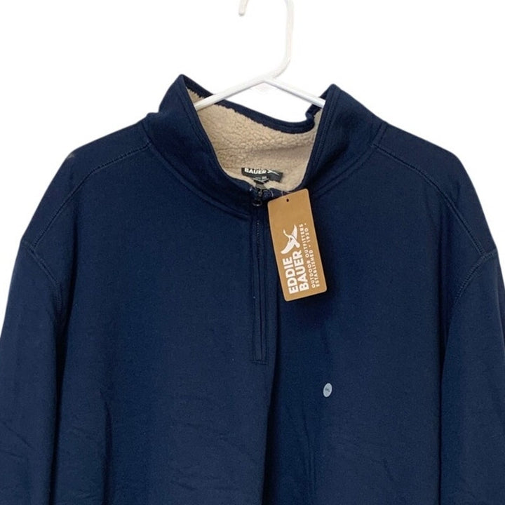 New Eddie Bauer Mens Navy Blue 3/4 Zip Camp Fleece Faux Shearling Jacket Coat
