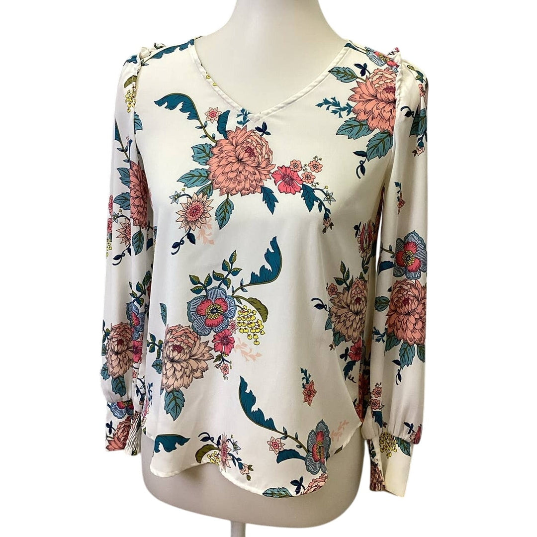 LOFT Petites XXSP Long Sleeve V-Neck Ruffled Shoulder Floral Polyester Blouse