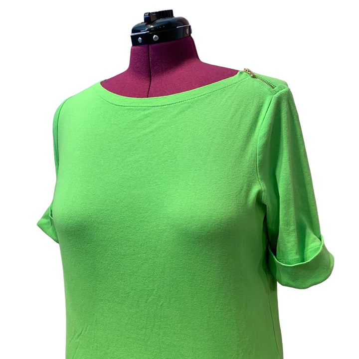 Lauren Ralph Lauren 1X 100% Cotton Short Sleeve Zipper Detail Neon Green T-Shirt