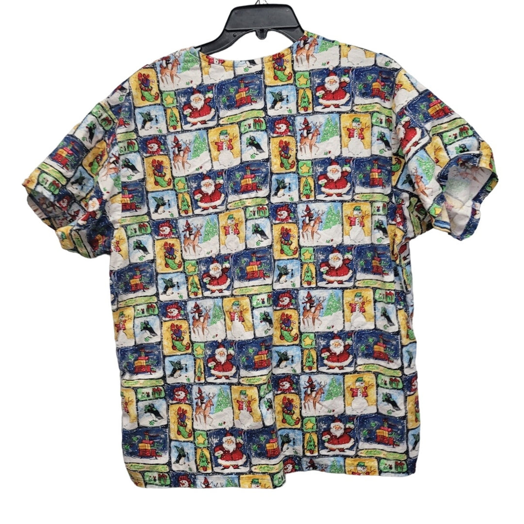 Peaches Womens XL Holiday Christmas 100% Cotton Short Sleeve V Neck Scrub Top