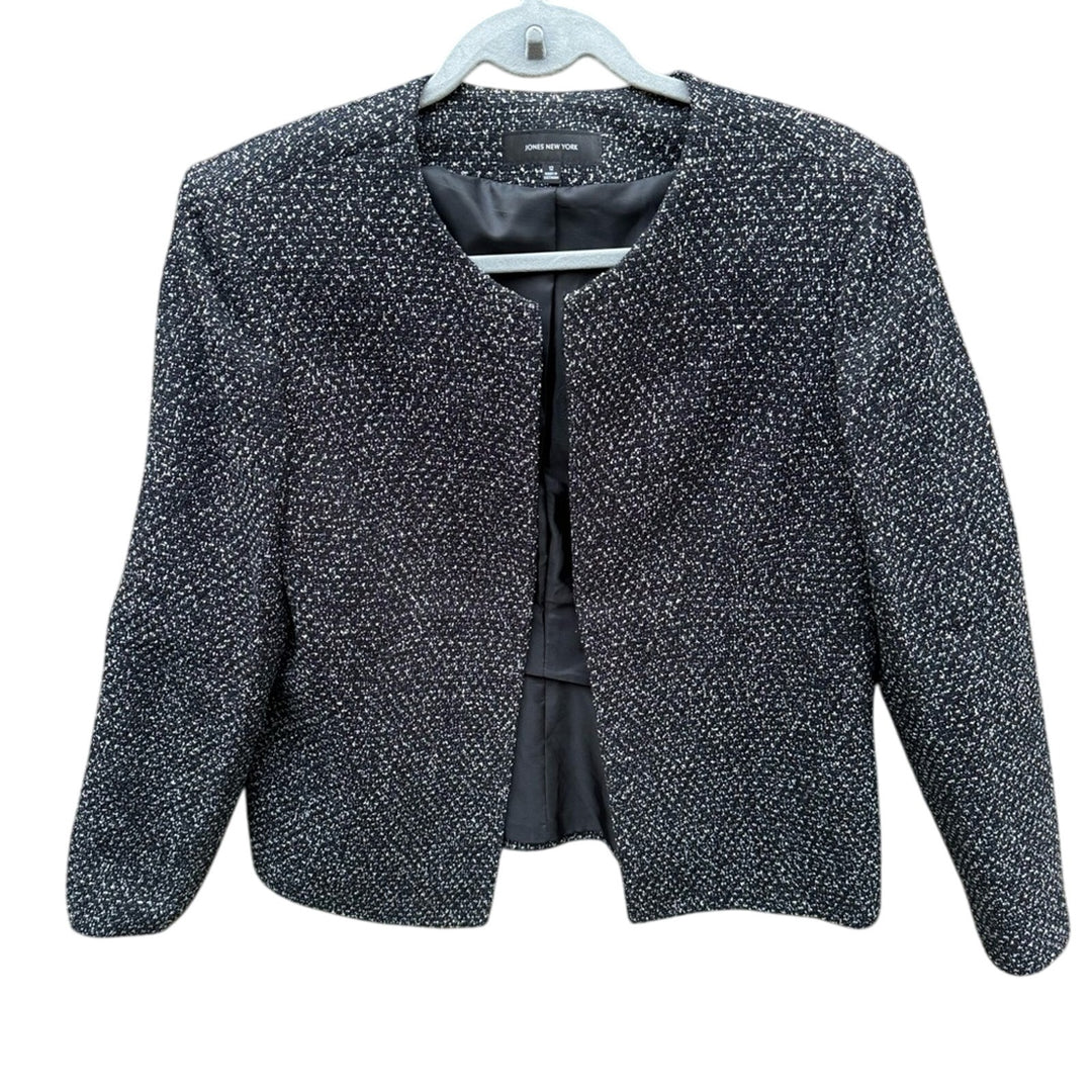 Jones New York Womens Size 12 Black White Career Open Front Jacket Blazer