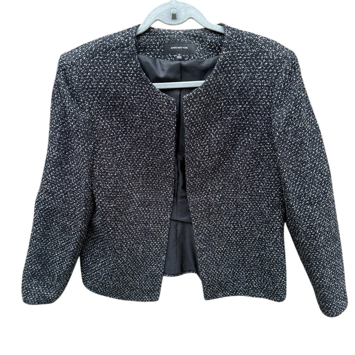 Jones New York Womens Size 12 Black White Career Open Front Jacket Blazer