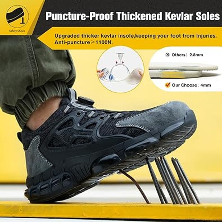 Qingruipai Mens 10.5 Black Mesh Steel Toe Puncture Proof Tightening Button Shoes