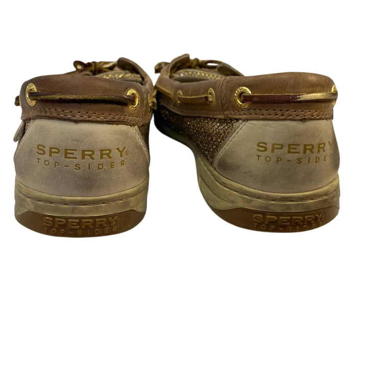 Sperry US 9.5 Sparkle Gold Tan Leather Topsiders Slip On Boat Shoes Loafers