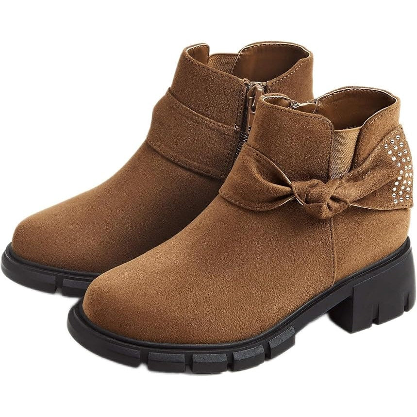 Coutgo Girls Size 10 Brown Faux Suede Side Zip Low Block Heel Bow Ankle Boots