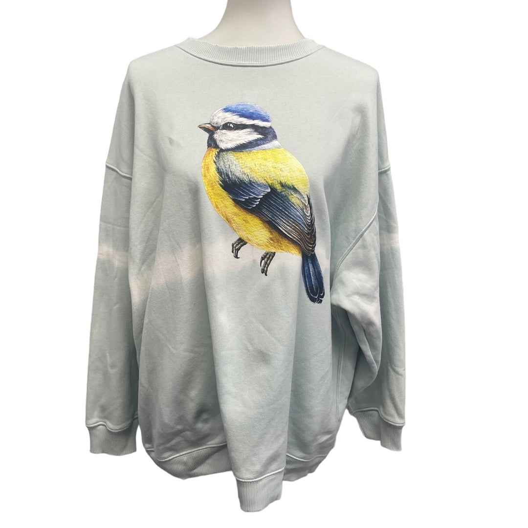 Hand Printed Upcycled Womens Small Jegging Fit Yellow Blue Wild Bird Sweatshirt