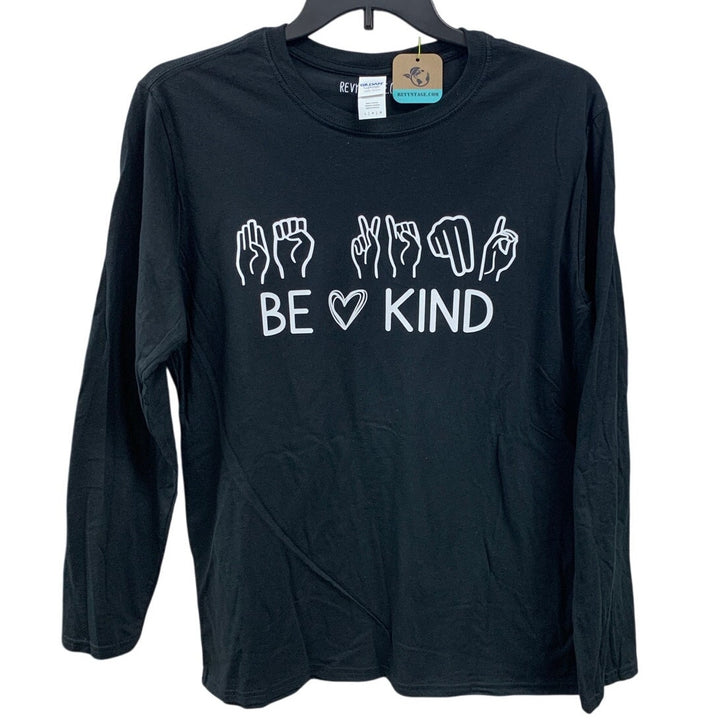 New Hand Printed Womens Large Be Kind ASL Sign Language Long Sleeve Tee Shirt