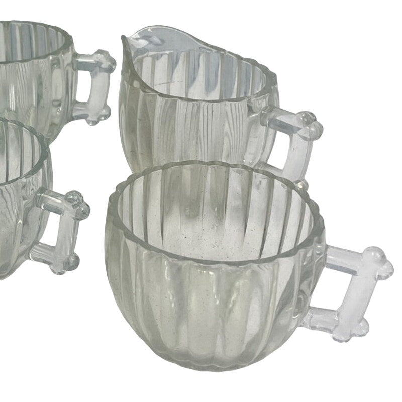 Vintage Clear Glass Striped Design 3 Coffee Tea Mug Creamer Sugar Bowl Set