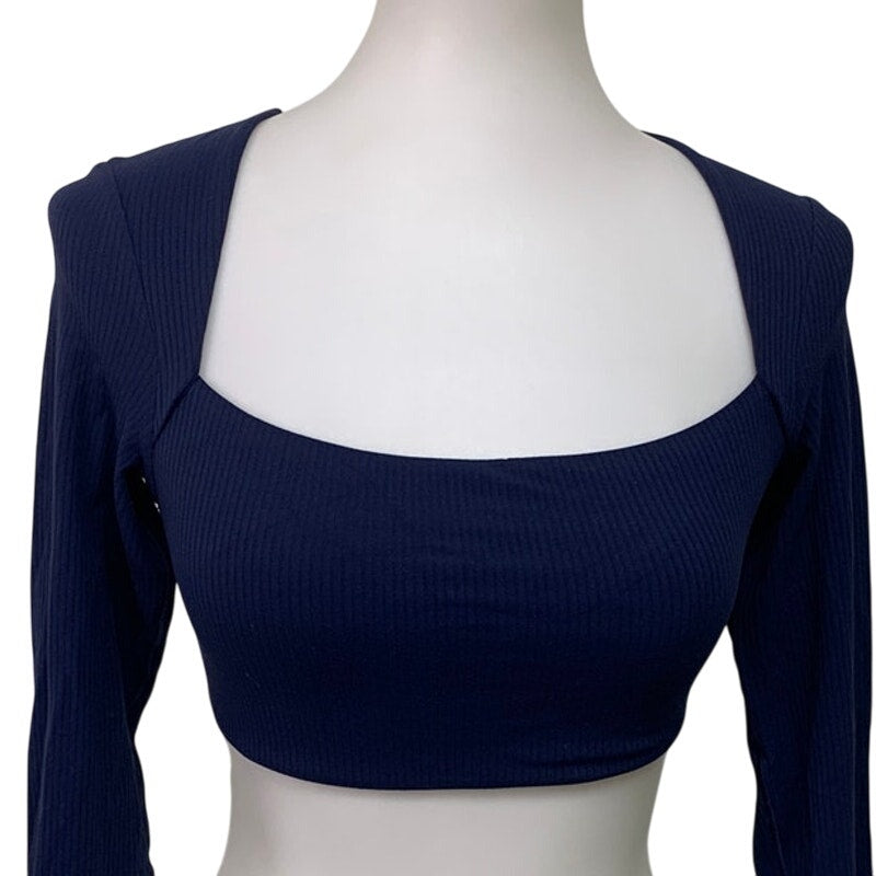 New OFFLINE By Aerie Womens Small Real Me XTRA Ribbed Navy Long Sleeve Bra Top