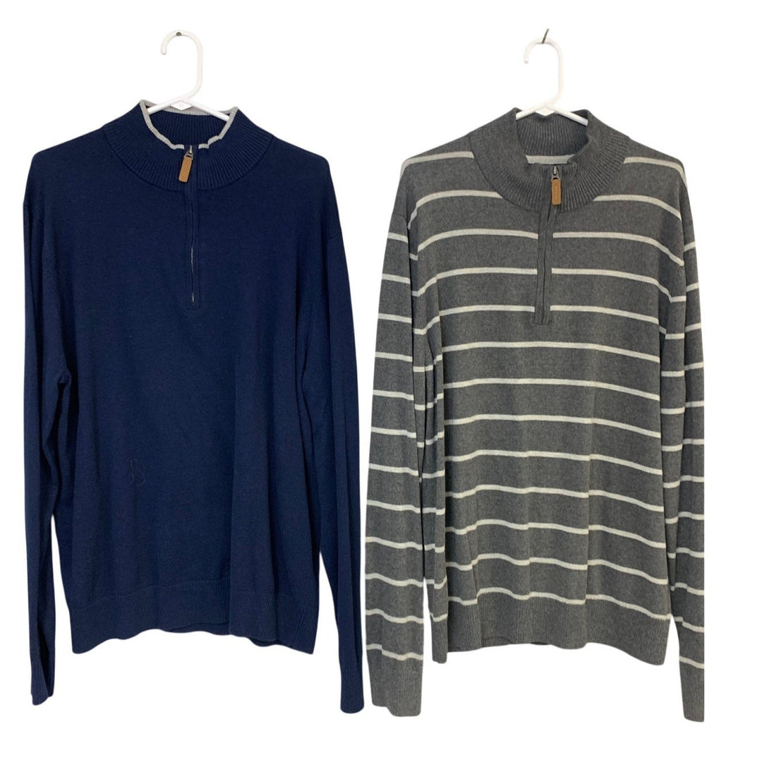 2 St Johns Bay Mens XL Navy Gray Striped Long Sleeve Quarter Zip Knit Sweaters