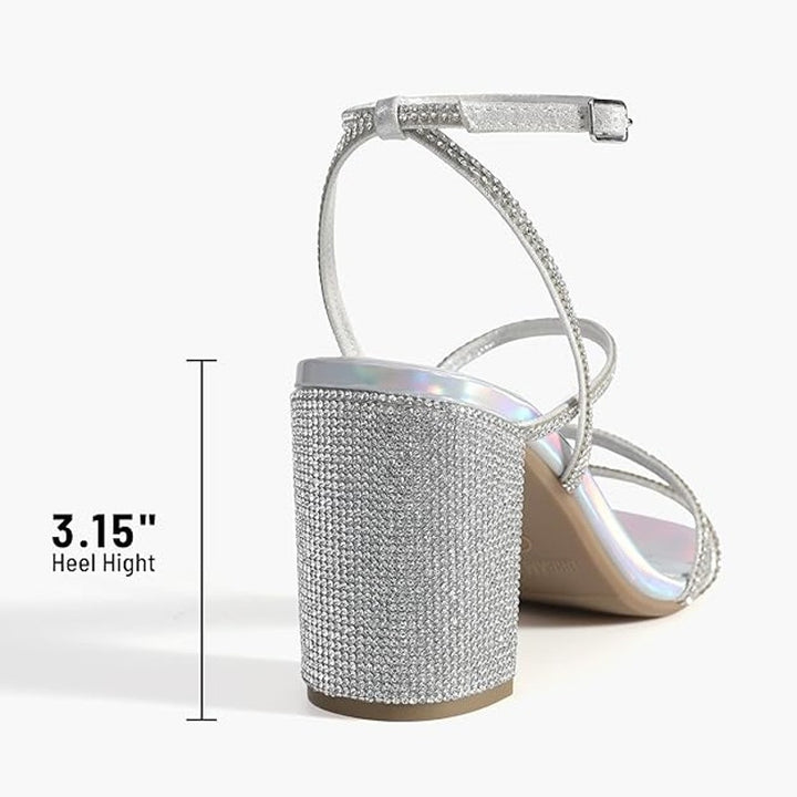 Dream Pairs Womens Size 7.5 Silver Rhinestone 3.5" Block Heel Ankle Strap Shoes