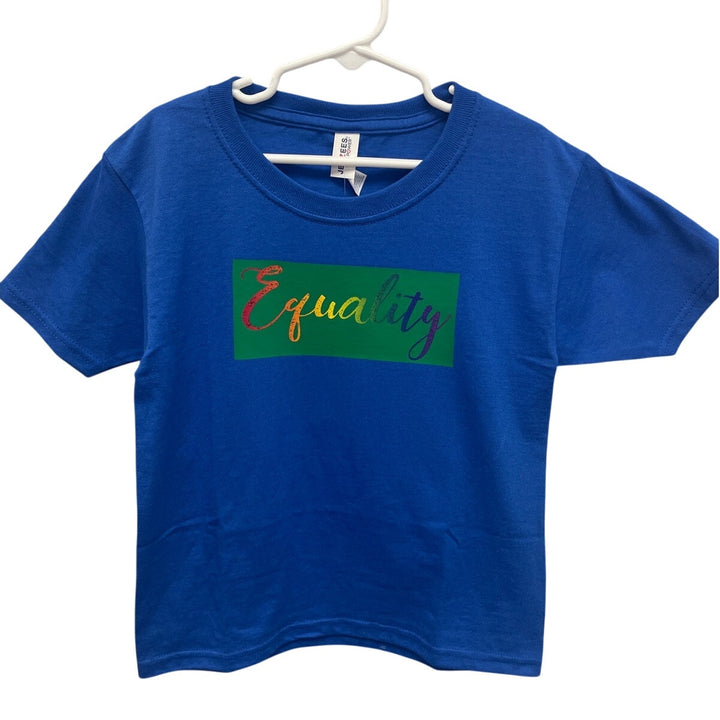 New Hand Printed Upcycled Youth Kids XS Rainbow Equality Short Sleeve Tee Shirt