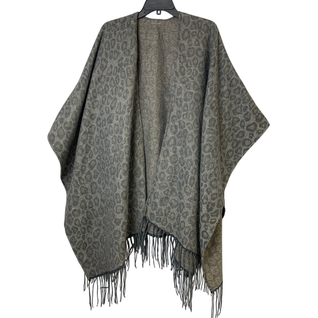 Womens One Size Gray Soft Leopard Print Open Front Tassel Knit Shawl Coverup