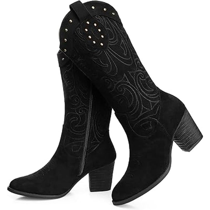 Shibever Womens 7.5 Black Faux Suede Zip Up 2.5" Heel Cowboy Cowgirl Boots Shoes