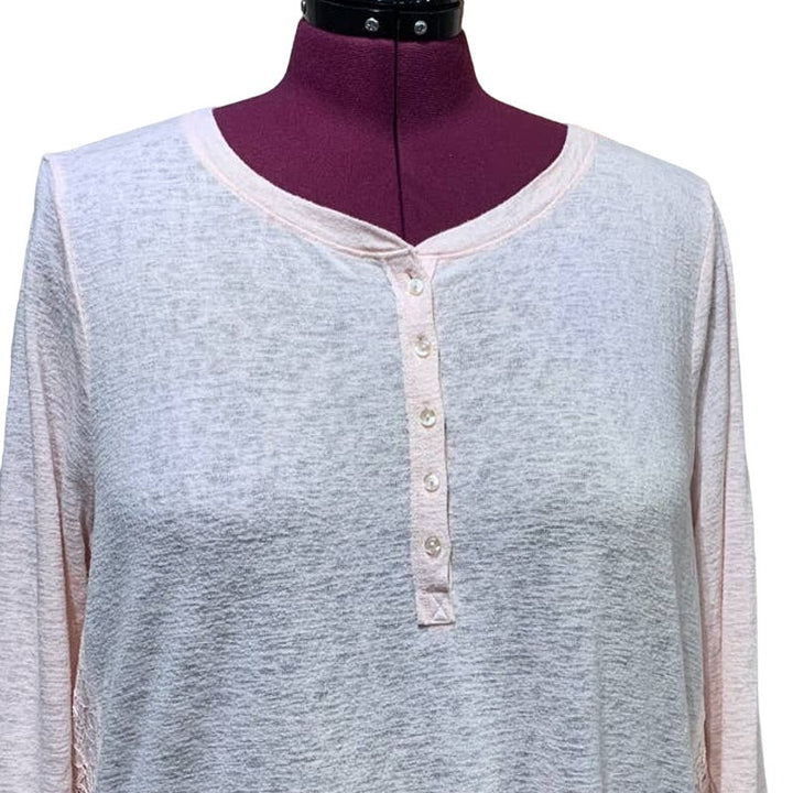 Sonoma 2X Pink Lace Sides Flowy 1/2 Button Down Henley 3/4 Sleeve Top Blouse