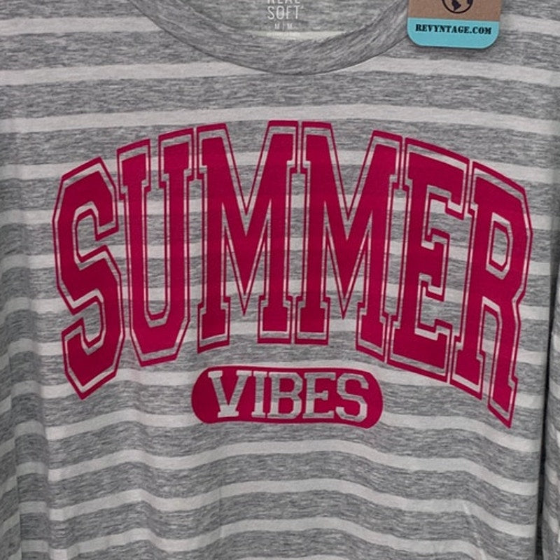 New Upcycled Hand Printed Womens Medium Striped Summer Vibes Crew Neck Tee