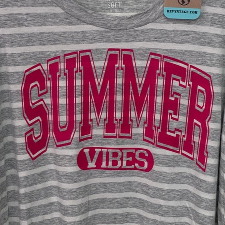 New Upcycled Hand Printed Womens Medium Striped Summer Vibes Crew Neck Tee