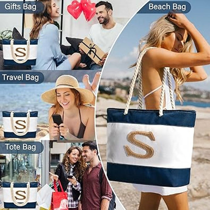 New Becokan S Initial Navy White Stripe Canvas Waterproof Zipper Beach Tote Bag