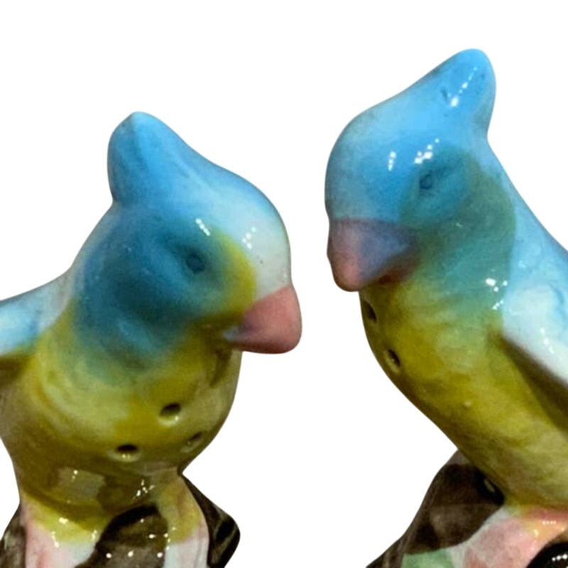 Vintage Handpainted Japan Ceramic Parrot Tropical Bird Salt Pepper Shakers Set