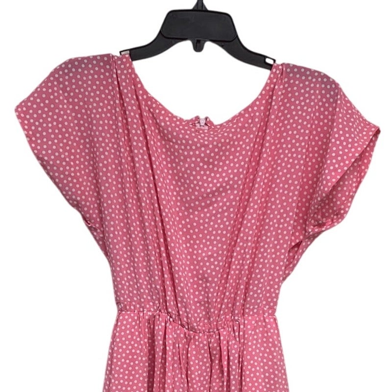 Handmade Womens Large Pink Cottage Short Sleeve Polka Dot Back Zip A Line Dress