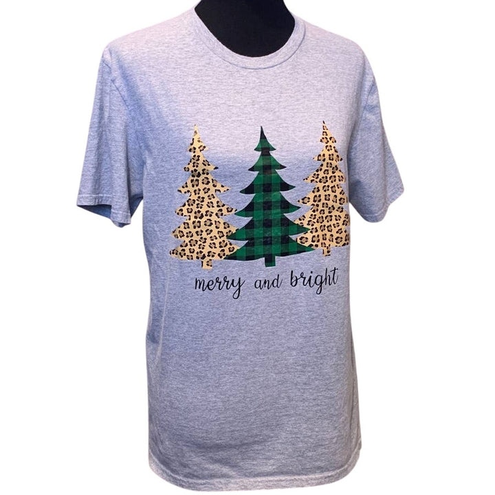 Hand Printed Medium Merry and Bright Plaid Leopard Spot Christmas Tree Tee