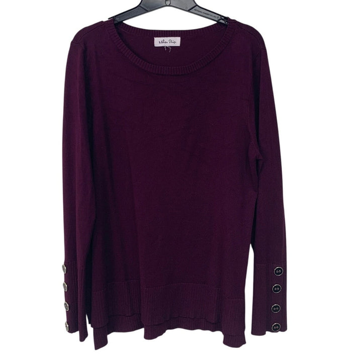 Melissa Paige Womens 2X Purple PolyRayon Long Sleeve Crew Neck Faux Button Top