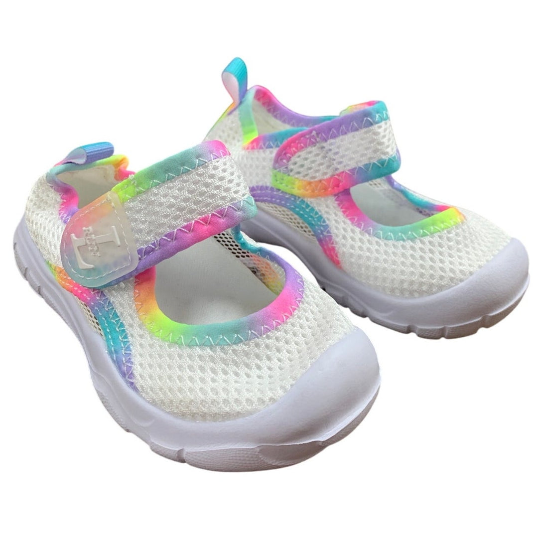 New L-Run Toddler Girl Size 5.5 White Rainbow Mesh Non Slip Hook Loop Shoes