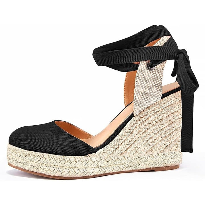 New Ermonn Womens 8.5 Black Espadrille Platform Closed Toe Ankle Strap Sandals