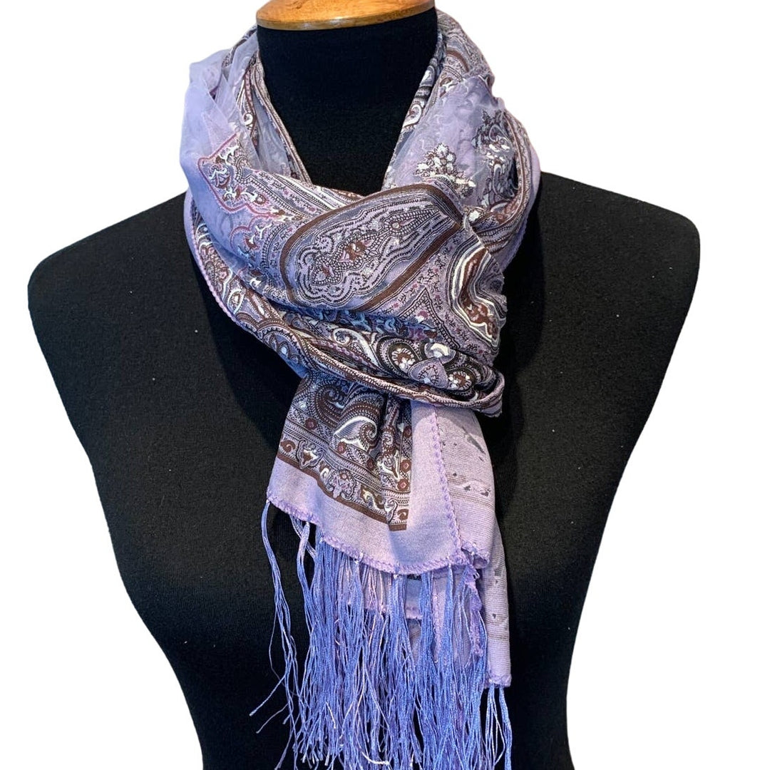 New Purple Floral Paisley Silver Glitter Fringed Sheer Lightweight Fashion Scarf