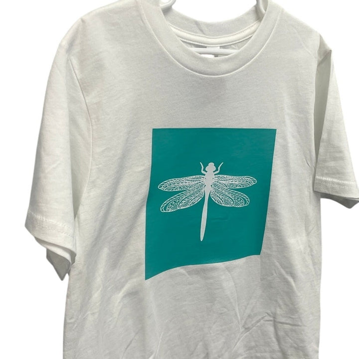New Hand Printed Upcycled Youth Kids Medium Dragonfly Short Sleeve Tee Shirt