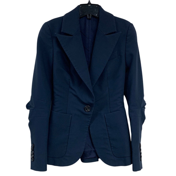 Marina Moscone Womens Size 0 Navy Blue Patch Pocket Single Button Blazer Jacket