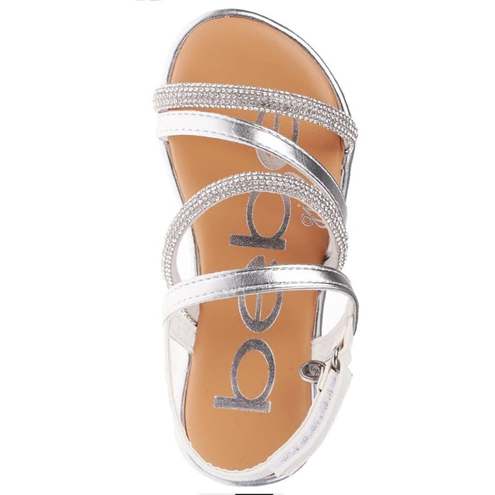 Bebe Little Girls Size 12 Silver Rhinestone Hook Loop Open Toe Flat Sandal Shoes