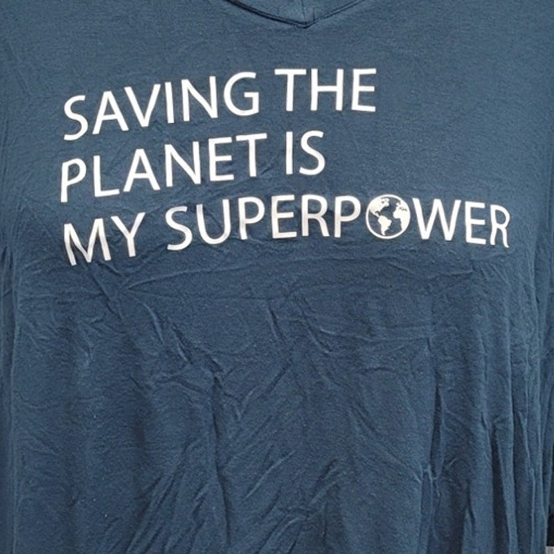 Hand Printed Womens Upcycled 2X Saving the Planet Superpower V-Neck Long Top