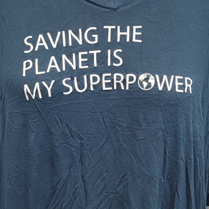 Hand Printed Womens Upcycled 2X Saving the Planet Superpower V-Neck Long Top