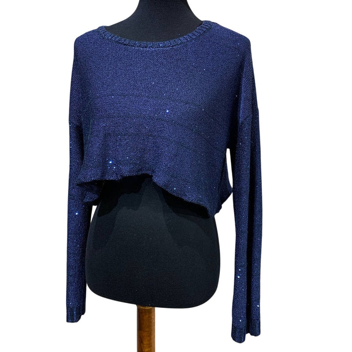 New Directions Large Cropped Long Sleeve Sequin Glitter Shiny Reworked Sweater