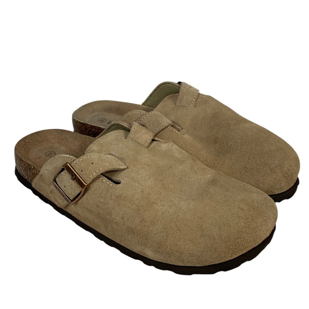 Kidmi Womens Size 8 Beige Tan Clogs Sandal Faux Suede Buckle Slip On Shoes