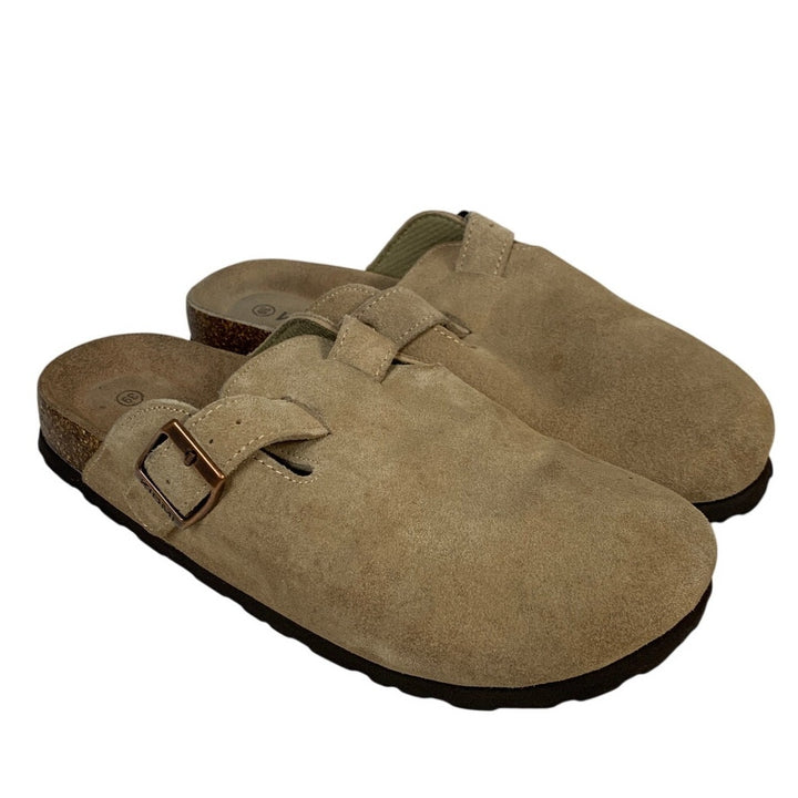 Kidmi Womens Size 8 Beige Tan Clogs Sandal Faux Suede Buckle Slip On Shoes