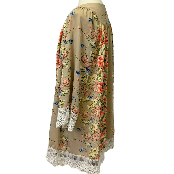 Floral XL Long Sleeve Lace Trim Lightweight Coverup Open Cardigan Blouse