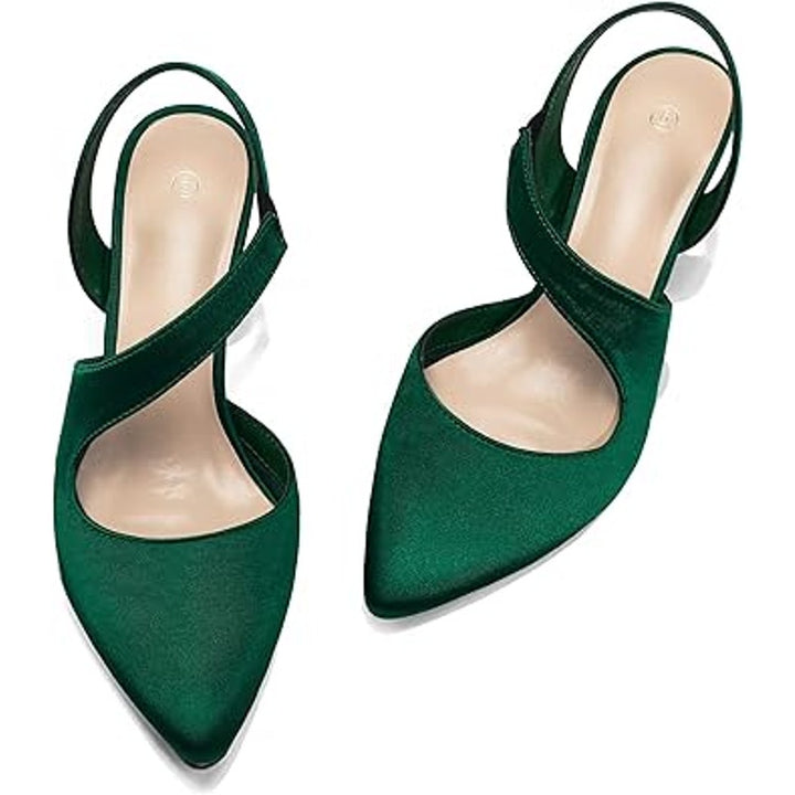 New Mysoft Womens Size 7.5W Wide Green Satin 2" Heel Closed Toe Slingback Shoes