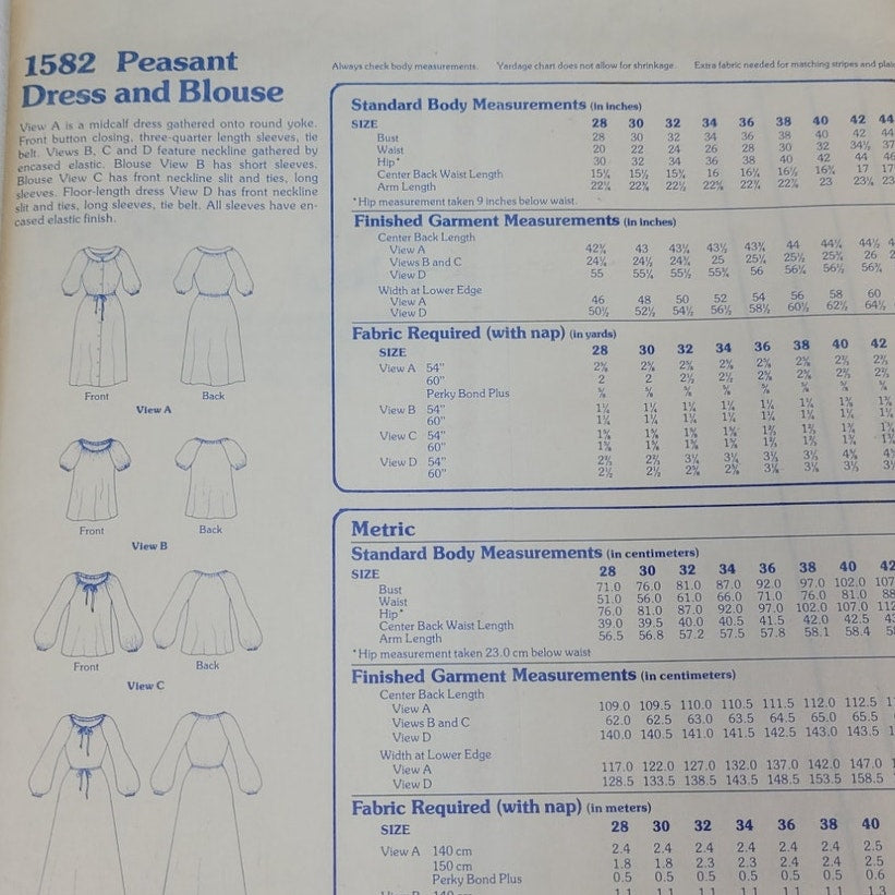 1978 Stretch &amp; Sew 1582 Peasant Dress &amp; Blouse Sewing Pattern, Complete &amp; Uncut