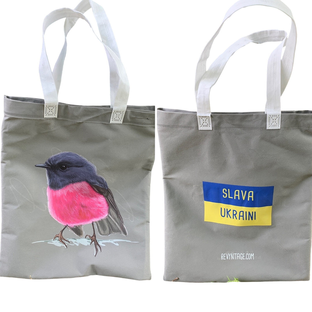 Upcycled Hand Printed Ukraine Flag Pink Robin Bird Slava Ukraini Artist Tote Bag