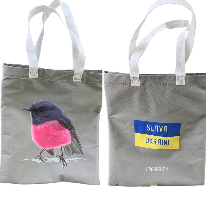 Upcycled Hand Printed Ukraine Flag Pink Robin Bird Slava Ukraini Artist Tote Bag