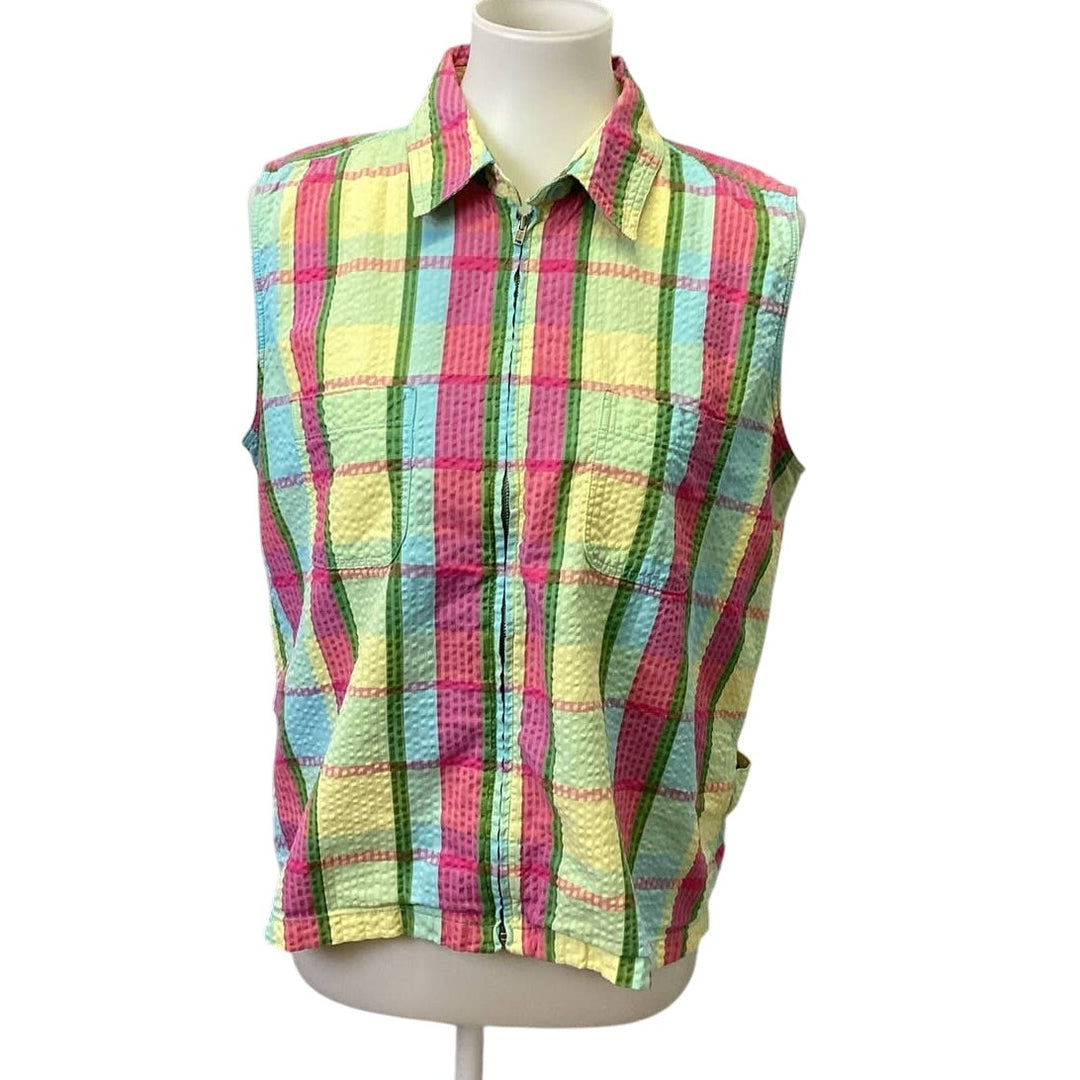 Christopher &amp; Banks Large Full Zip Sleeveless Plaid Cotton Blend Shirt Tank Top