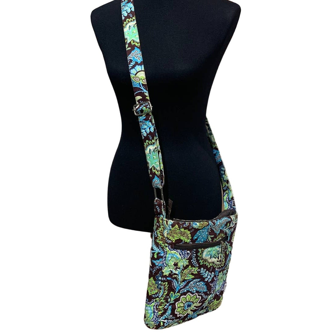 Belvah Blue Green Brown Floral Paisley Crossbody Large Fabric Purse Handbag