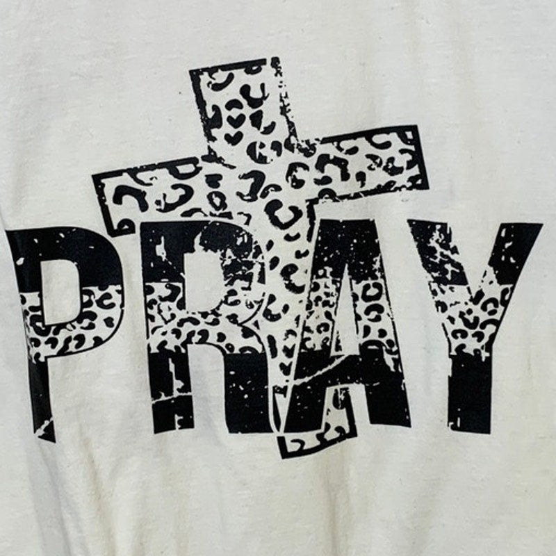 New Hand Printed Womens Large Pray Jesus Crucifix White Crew Neck Tee Shirt