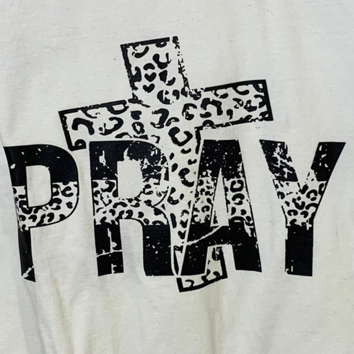 New Hand Printed Womens Large Pray Jesus Crucifix White Crew Neck Tee Shirt
