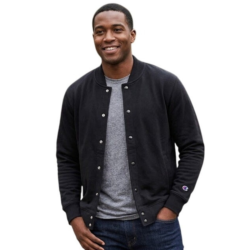 New Champion Mens Black Snap Up PolyCotton Athletic Wear Varsity Bomber Jacket